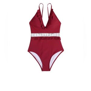 NWT | Cupshe Red Wine, Ruffle and Crochet One-piece Swimsuit | Small